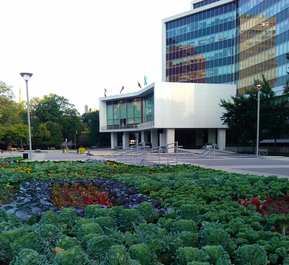 Hamilton, city hall, exterior, edible garden